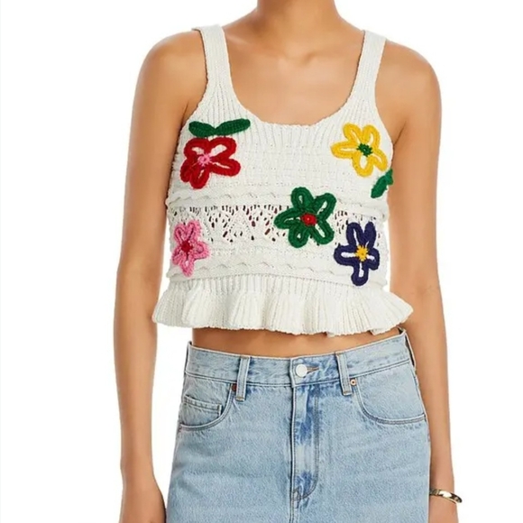 Blu Pepper Tops - Blu Pepper Citton White Knit Top W Floral Motifs M JRs Boho Cottagecore Retro